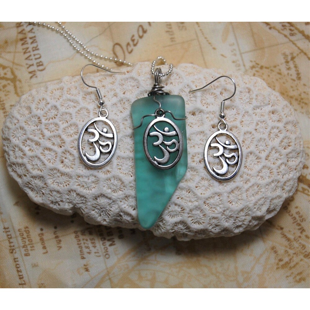 Teal Blue Sea Glass Style Om Necklace and Earring Set Handmade Wire Wrapped